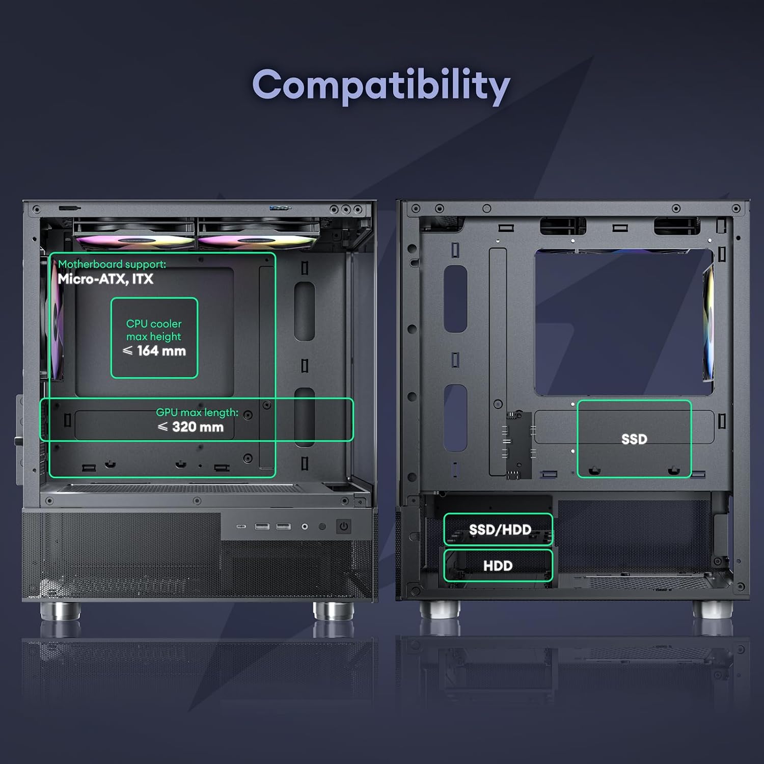 Okinos Aqua 3, Micro ATX Case, MATX PC Case with 3 X 120mm 3-Pin ARGB Fan Pre-Installed, Panoramic View Tempered Glass Front & Side Panel, with Type C Port, Black